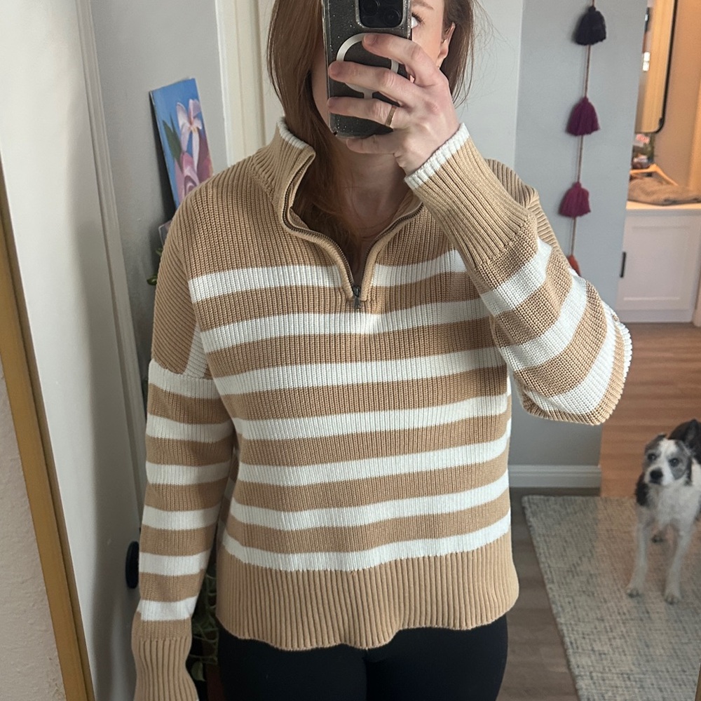 Striped Tan and White 100% Cotton Quarter Zip
